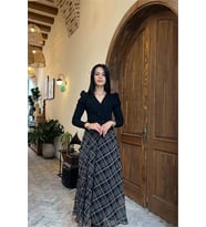 Neşeli butik kadın siyah eteği ekose desenli kemerli tam boy elbise NBMY3860