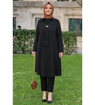 Siyah Kravat Detaylı Büyük Beden Şifon Tunik