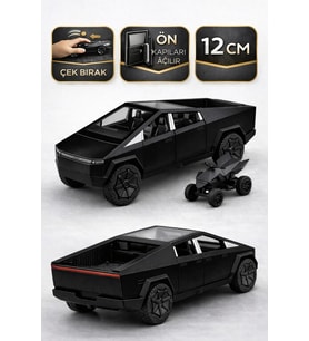 Die Cast Çek Bırak Metal Tesla Cybertruck ATV’li Model Araba 12 cm  Açılır Kapılı (Siyah)