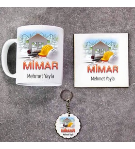 Mimar Kupa Bardak Altlık ve Anahtarlık Hediye Seti (Model 1)