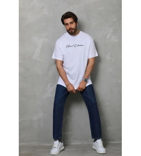 pilelistore- Erkek Baskılı T-Shirt Kısa Kol Bisiklet Yaka Regular Fit Rahat Kalıp Günlük Tişört - Be (Beyaz)
