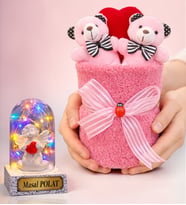 Premium Peluş Ayıcık Buketi & Kişiye Özel Led Işıklı Beyaz Melekli Fanus  Sevgiliye Özel Hediye Seti
