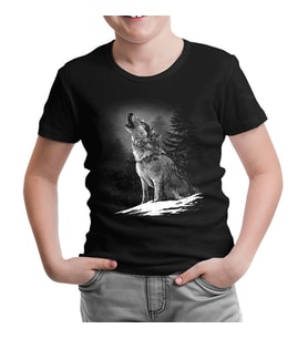 Wolf Howling at the Moon Realistic Siyah Çocuk Tshirt