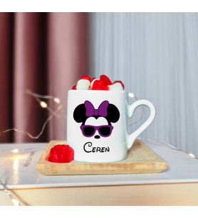 Minnie Mouse Tasarımlı Ahşap Tabaklı Kişiye Özel Türk Kahvesi Fincanı