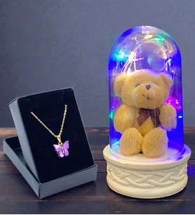 Renkli Led Işıklı Tasarım Fanus ve Mor Kelebek Kolye Hediye Seti (Model 2)
