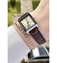 Casio CSISTE46 Kadranı Sarı Kordonu Kahverengi Renk Hediye Paketli Kadın Kol Saati ve Bileklik