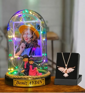 Kişiye Özel Renkli Led Işıklı Fanus ve Zümrüdü Anka Kuşu Kolyesi (Model 7)
