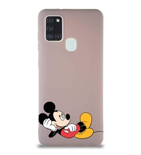 Samsung Galaxy A21S Soft Premier Kapak Mickey Mouse-F Tasarımlı Silikon Kılıf - Pudra (Şeffaf)