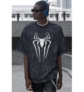Tasarım Spider-Man Logo Örümcek Adam Baskılı Unisex Oversize Vintage Yıkamalı Tişört