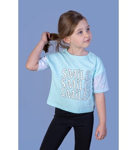 Toontoy Kız Çocuk Smile Baskılı Kolları Desenli Tişört (Mint Yeşili)