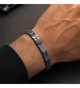 Valmont Accessories Hematit Taş Görünümlü Füme/Mavi Lastikli Zikzak Desenli Erkek Bileklik