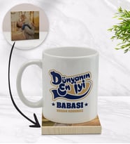 BK Gift Kişiye Özel Dünyanın En İyi Babası Tasarımlı Beyaz Kupa Bardak ve Ahşap Bardak Altlığı Hediye Seti - Model 2