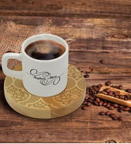 BK Gift Kişiye Özel Retro Motif Tasarımlı Doğal Ahşap Tabaklı Türk Kahvesi Fincanı Model 14