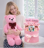 Kişiye Özel Fotoğraflı İyi ki Varsın Tasarımlı Peluş Ayıcık Buketi Ve 80 Cm Peluş Ayıcık (Pembe)