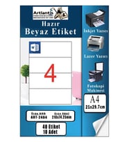A4 Hazır Etiket 210x74.25 mm 10 Sayfa 1 Paket 4 lü Kendinden Yapışkanlı Fotokopi Lazer İnkjet Kağıdı Yazıcılar İçin Uyumlu (Beyaz)