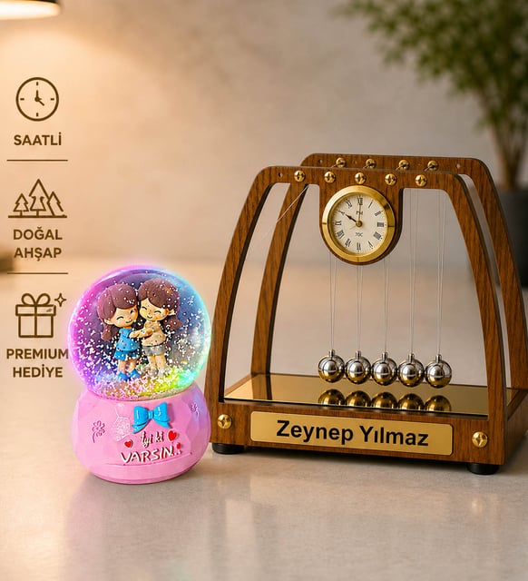 Kişiye Özel Doğal Ahşap Saatli Masa Üstü Newton Denge Topları & İyi Ki Varsın Işıklı Kar Küresi