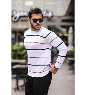 Unisex İnce Çizgili Bisiklet Yaka Triko Kazak - Beyaz