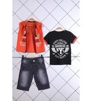 Babyhola Tshirt Yelek Pantolon Erkek Çocuk Takım 3'lü 1490 (Turuncu)