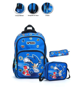 Speed Sonic Okul Çantası + Beslenme + Kalemlik Super Sonic Çanta İlkokul Çantası Sırt Çanta (Çok Renkli)