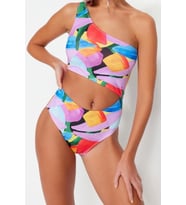 Kadın Moda Kapsız Askılı Halter Yaka Soyut Desenli Tek Omuz Regular Mayokini (Çok Renkli)