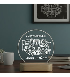 KİŞİSELLEŞTİRİLEBİLİR Makine Müh. LED Işıklı Ahşap Masa İsimliği (Şeffaf)