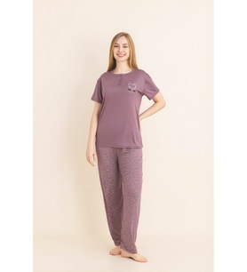 Kadın Pijama Takımı-Menekşe Kumaş-3 Düğmeli-Yaka Baskılı-12606SF ENİSENA (Pudra)
