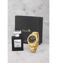 Polo Air Mercek Takvimli Döner Çerçeve Erkek Kol Saati Ve 55 ml Parfüm Seti Gold Siyah Renk ST-5015E7 (Altın-Siyah)