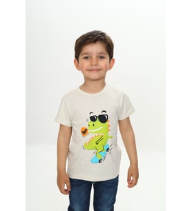 Toontoy Erkek Çocuk Gözlüklü Dinazor Baskılı Tişört (Ekru)