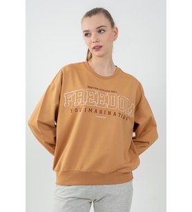 Maraton Oversize Kadın Bisiklet Yaka Koyu Bej Sweatshirt