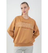 Maraton Oversize Kadın Bisiklet Yaka Koyu Bej Sweatshirt