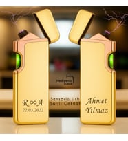 6 Renk Seçeneğiyle Sensörlü Lüks Usb Şarjlı Çakmak Çift Yön Baskı Seçeneği - Kişiye Özel Tasarım (Gold)