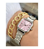 Limited Edition Metal Kordon Classic Tasarım Kare Model Metal Kasa Kadın Kol Saati-Bileklik Hediyeli (Pembe)