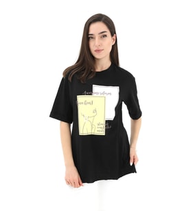 Bisiklet Yaka Yüz Basklı T-Shirt - Siyah