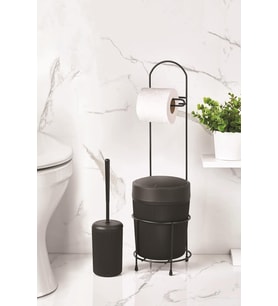 Metal Standlı Yuvarlak Kovalı & Kağıtlıklı & Fırçalıklı Siyah Banyo Takımı