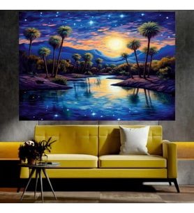 Palmiye Ağaçları ve Göl Manzaralı Sanatsal Dekoratif Duvar Tablosu (70x100 cm)