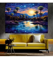 Palmiye Ağaçları ve Göl Manzaralı Sanatsal Dekoratif Duvar Tablosu (70x100 cm)