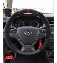 Hyundai i20 Dikme Direksiyon Kılıfı Alcantara Süet Mat Karbon Kırmızı Yüzük ve Dikiş 2014-2020
