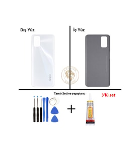Oppo A72 Beyaz Uyumlu Arka Kapak + Yapıştırıcı ve Vida Seti Arka Cam Batarya Pil Kapağı Lazer Kesim