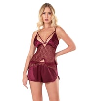 Bordo Saten Babydoll Şort Takımı
