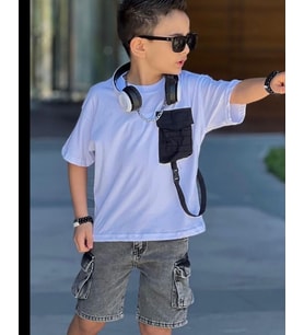 Cg Kids Paraşüt Cep Detaylı T-Shirt Komando Cepli Jean Erkek Çocuk Alt Üst Takım (Beyaz)
