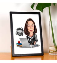 Kişiye Özel Bilgisayarla Çalışan Kadın Karikatürlü Resim Çerçevesi