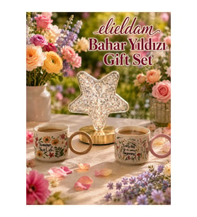 Doğum Günü, Özel Gün, Yeni İş, Yeni Ev Hediyesi Çiçek Desenli Porselen Kupa ve Yıldız Masa Lambası Seti