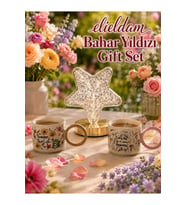 Doğum Günü, Özel Gün, Yeni İş, Yeni Ev Hediyesi Çiçek Desenli Porselen Kupa ve Yıldız Masa Lambası Seti