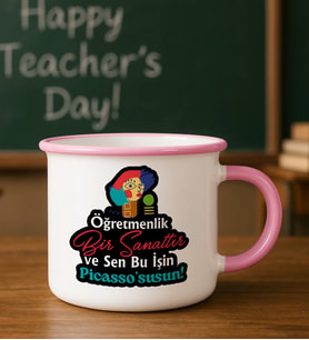 BK Gift Öğretmen Tasarımlı Pembe Emaye Kupa Bardak -2, Öğretmene Hediye, Öğretmenler Günü Hediyesi