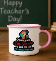 BK Gift Öğretmen Tasarımlı Pembe Emaye Kupa Bardak -2, Öğretmene Hediye, Öğretmenler Günü Hediyesi