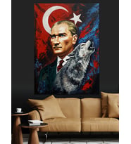 Türk Bayraklı Kurt Çizimi Atatürk Dekoratif Kanvas - Mdf Ahşap Tablo