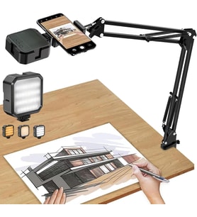 Üstten Çekim Masa Telefon Tutucu Katlanabilir ve 360° Döner Ayarlanabilir Stand, Video Çekimi ve Canlı Yayın için Sabit Kelepçeli Tripod Braketi, + AY-49 Led Işık CZ45
