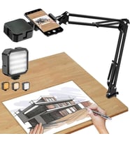 Üstten Çekim Masa Telefon Tutucu Katlanabilir ve 360° Döner Ayarlanabilir Stand, Video Çekimi ve Canlı Yayın için Sabit Kelepçeli Tripod Braketi, + AY-49 Led Işık CZ45