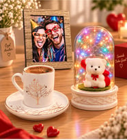 Kişiye Özel Fotoğraflı Hayat Ağacı Porselen Kahve Fincanı ve Renkli LED Beyaz Ayıcıklı Fanus