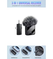 3in1 Iphone/Type-C/3.5 Jack Kablosuz Yaka Mikrofonu Tüm Cihazlara Uyumlu Profesyonel HD Ses Kalitesi (Siyah)